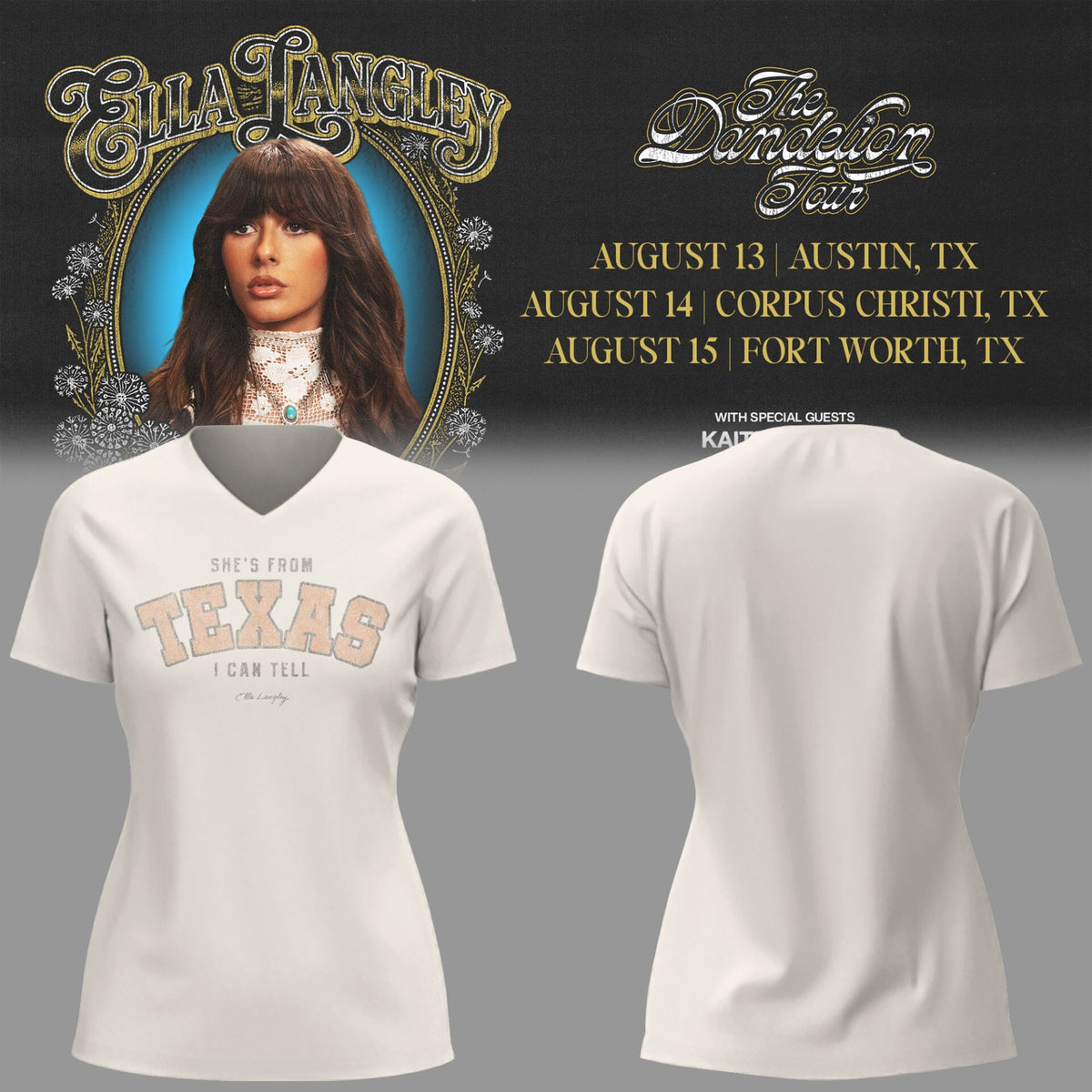 E.Langley “The Dandelion Tour” in Texas V-neck TShirt