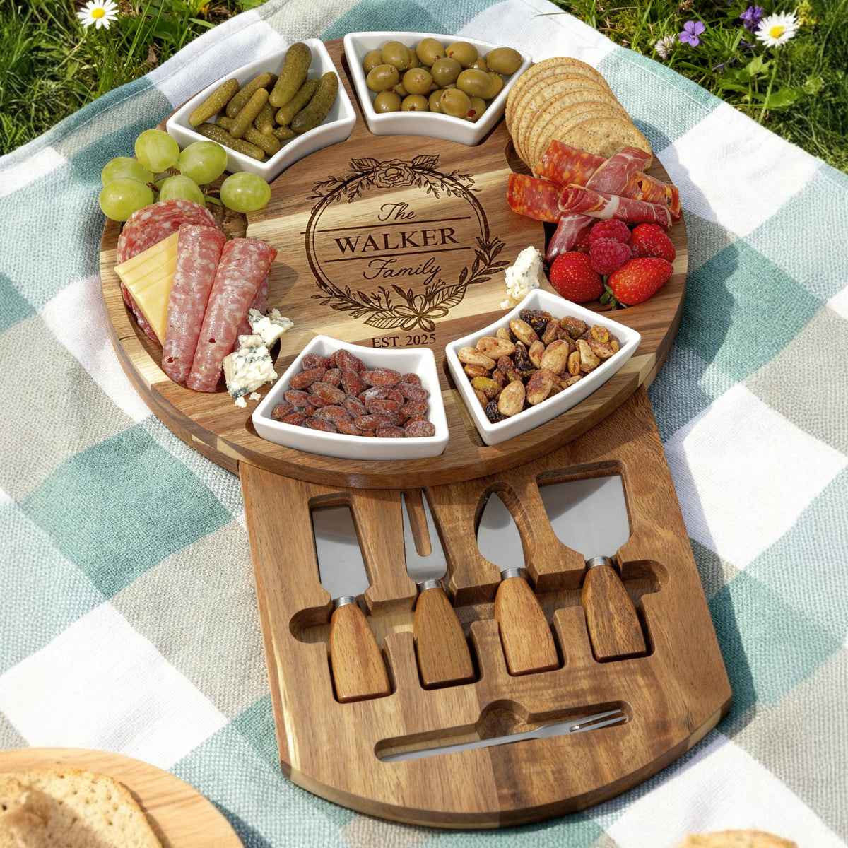 Personalized Acacia Wood Charcuterie Board Set,Serving Platter & Utensils, Housewarming, Wedding, Anniversary Gift, Engraved Cheese Board