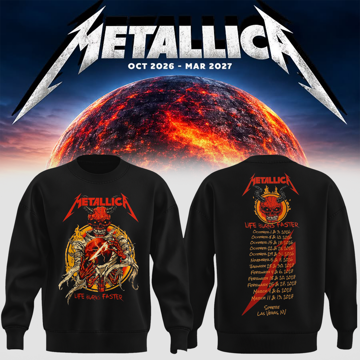 MTLC Life Burns Faster 2026 2027 Las Vegas Merch Tee Live At Sphere Tour Dates Red Demon Skeleton T-Shirt