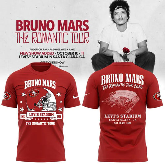 Bruno Mars The Romantic Tour 2026 Santa Clara Red T-Shirt