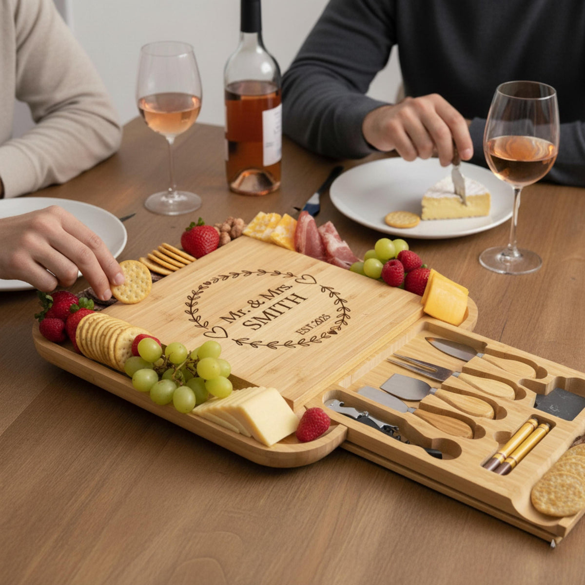 Personalized Charcuterie Board Set with Drawer, Custom Engraved Wedding Gift for Couple, Bamboo Cheese Board & Knife Set, Housewarming Gift