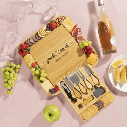 First Home Gift Personalized Charcuterie Board Set, Engraved Bamboo Cheese Board with Drawer, New House Celebration, Custom Kitchen Board