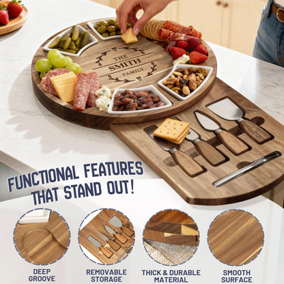 Personalized Acacia Charcuterie Board Housewarming Gift, Engraved Cheese Board Set, Custom Family Name Serving Board, New Home Gift Idea