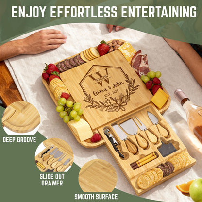 Personalized Charcuterie Board Set with Drawer, Custom Engraved Wedding Gift for Couple, Bamboo Cheese Board & Knife Set, Housewarming Gift