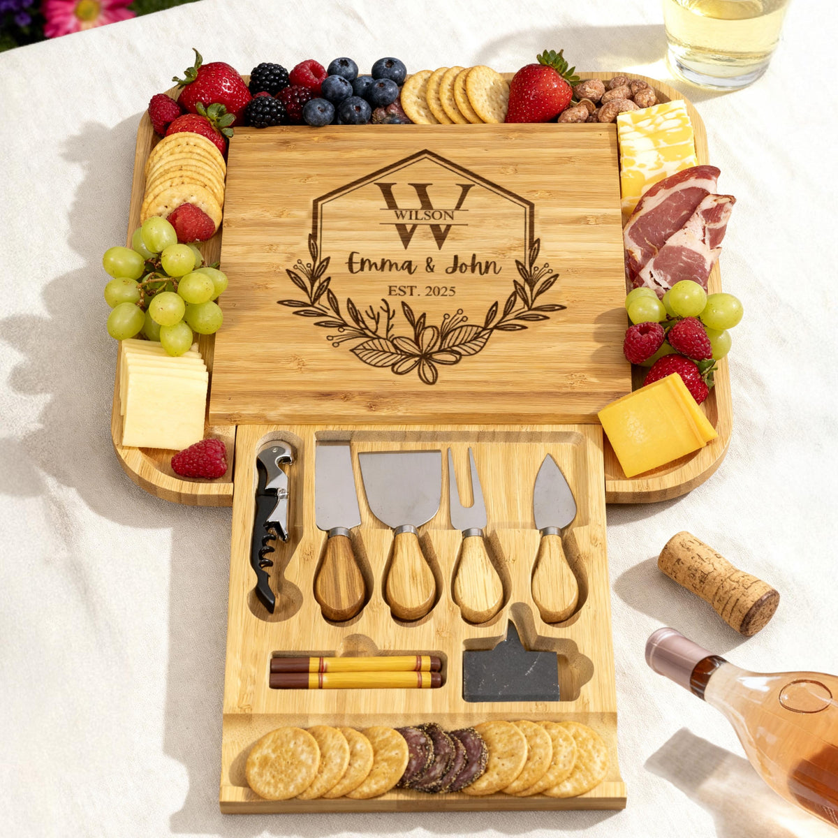 First Home Gift Personalized Charcuterie Board Set, Engraved Bamboo Cheese Board with Drawer, New House Celebration, Custom Kitchen Board