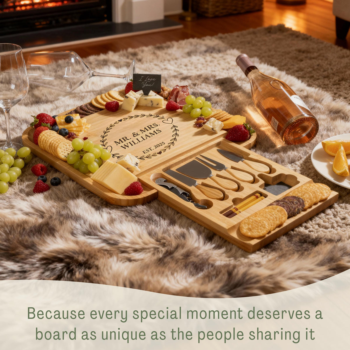 Personalized Charcuterie Board Set with Drawer, Custom Engraved Wedding Gift for Couple, Bamboo Cheese Board & Knife Set, Housewarming Gift