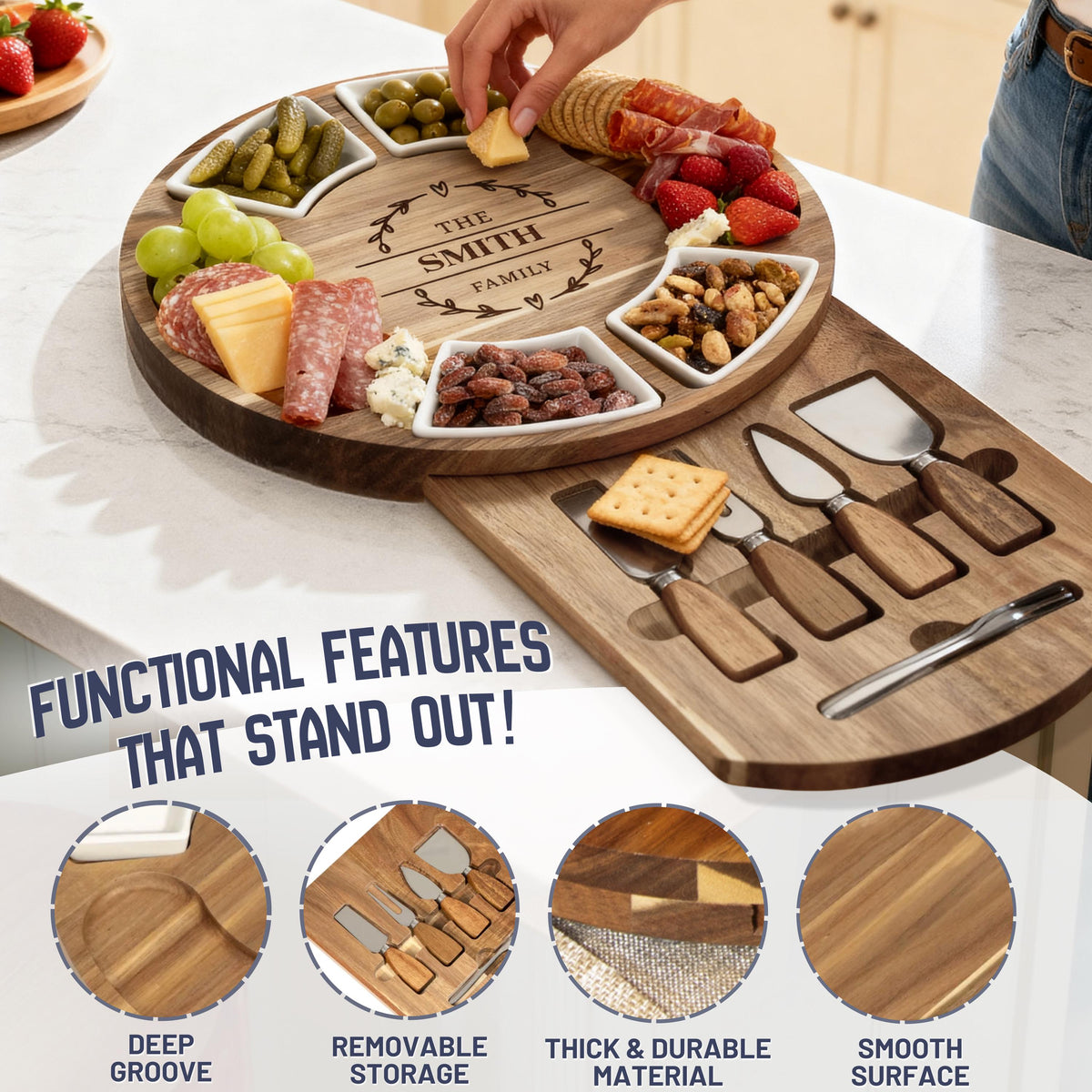Personalized Acacia Wood Charcuterie Board Set,Serving Platter & Utensils, Housewarming, Wedding, Anniversary Gift, Engraved Cheese Board
