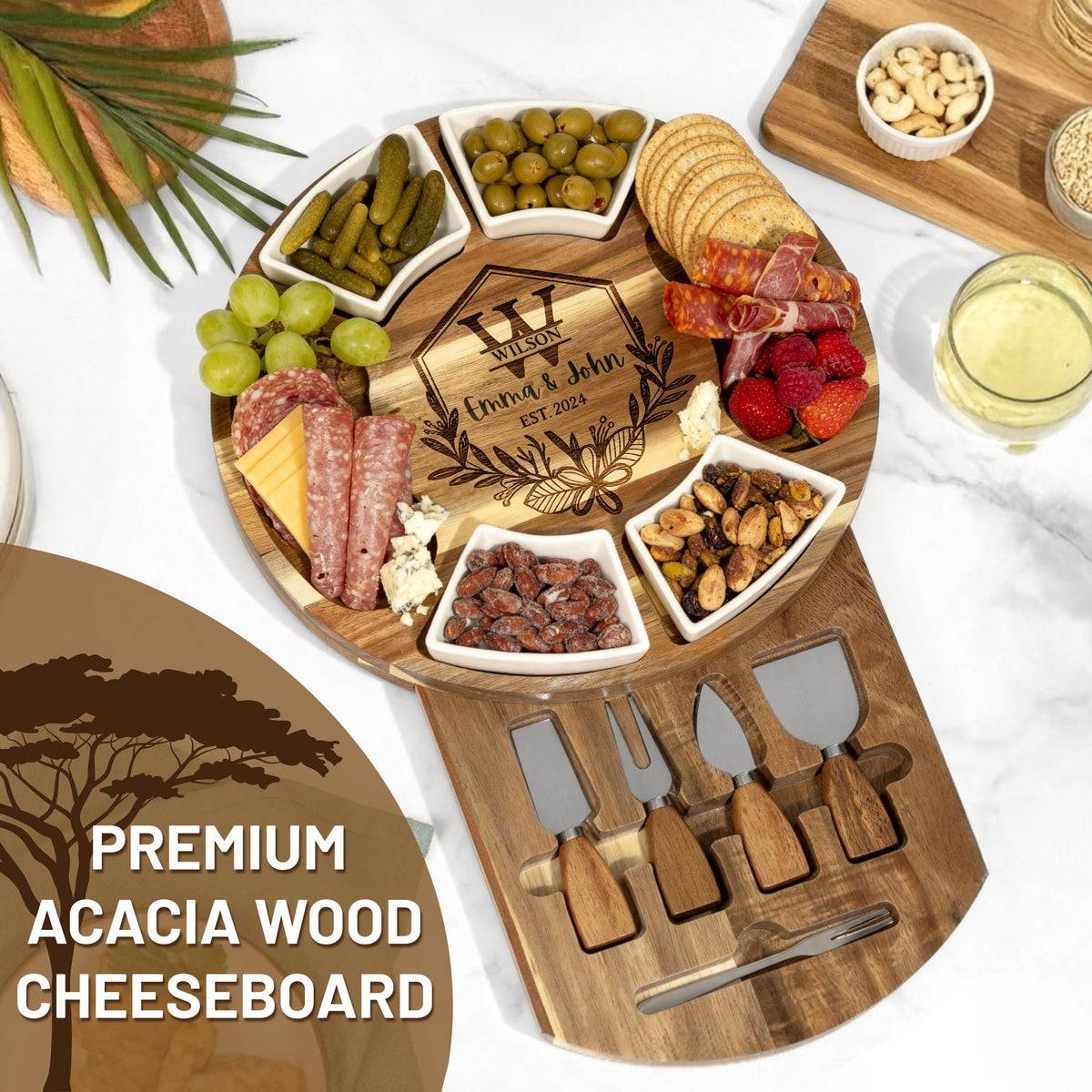Personalized Acacia Wood Charcuterie Board Set,Serving Platter & Utensils, Housewarming, Wedding, Anniversary Gift, Engraved Cheese Board