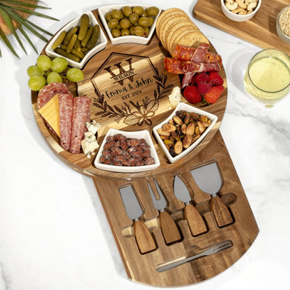 Personalized Acacia Wood Charcuterie Board Set,Serving Platter & Utensils, Housewarming, Wedding, Anniversary Gift, Engraved Cheese Board