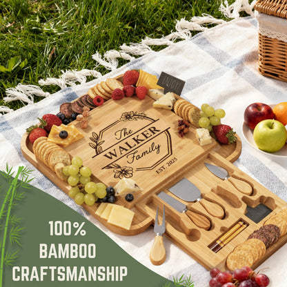 First Home Gift Personalized Charcuterie Board Set, Engraved Bamboo Cheese Board with Drawer, New House Celebration, Custom Kitchen Board