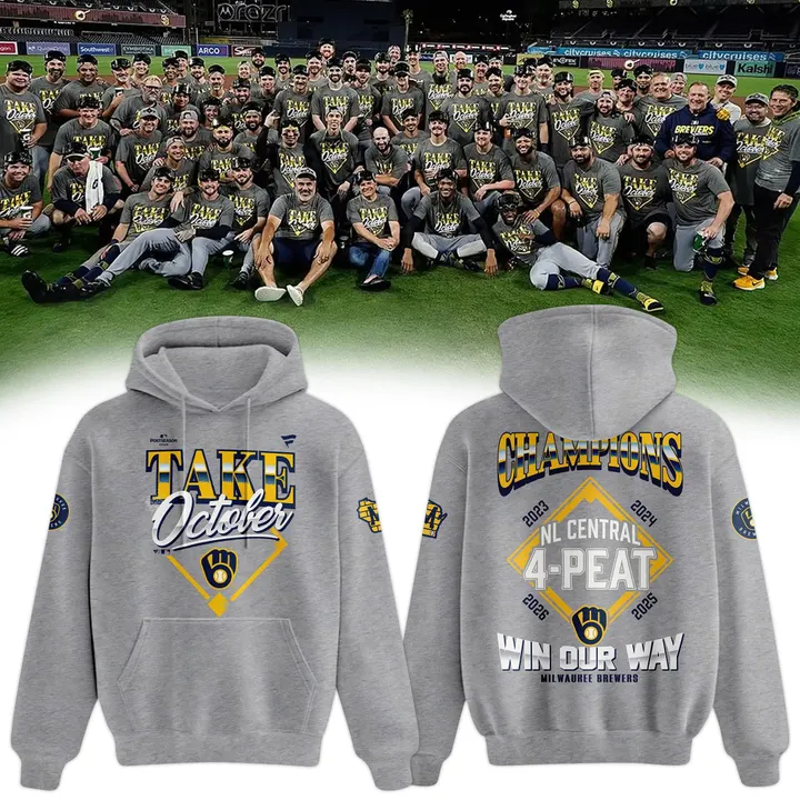 01.38. (Adult & Kids) Milwaukee Brewers Gray 2026 Division Series Champions Take October Hoodie