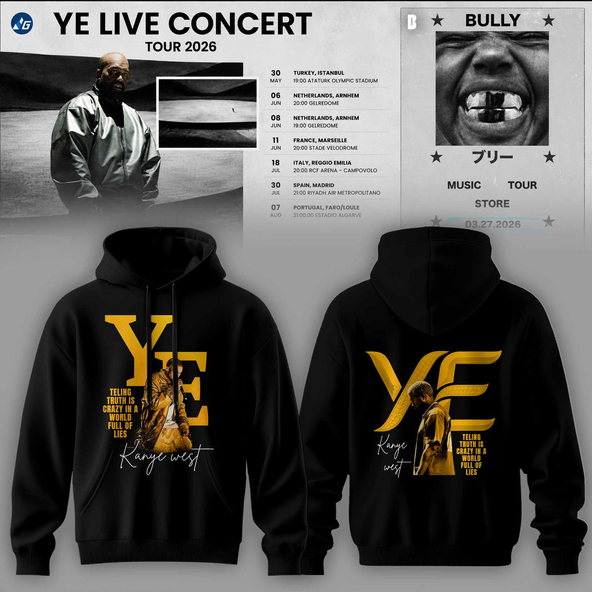 Bully Live Concert Tour 2026 Premium 3D Hoodie – Gold Edition